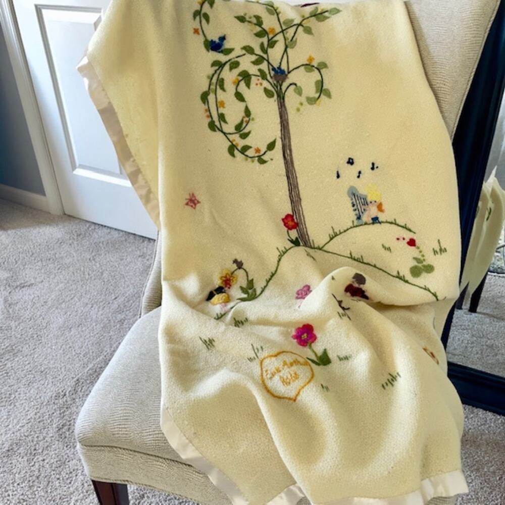 Vintage Embroidered Baby Blanket 33x51 Storybook Nursery Decor Heirloom